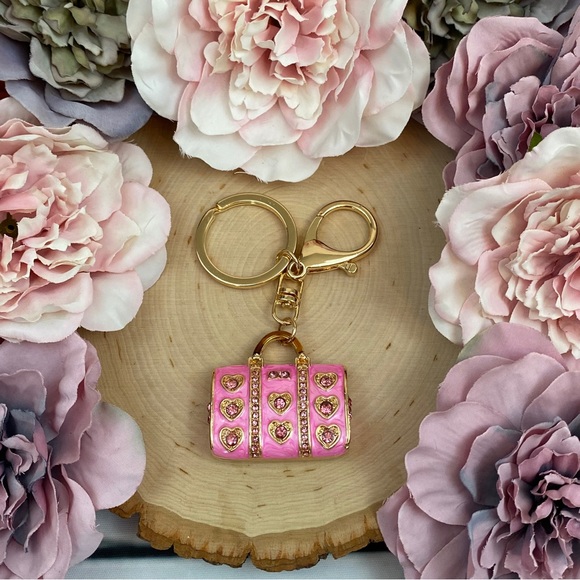 Chic Pink Crystal Heart Handbag Keychain Charm - Picture 2 of 9